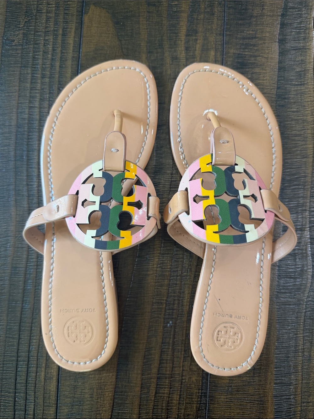 Tory Burch Neutral Leather Sandals with Multicolor Logo Medallion